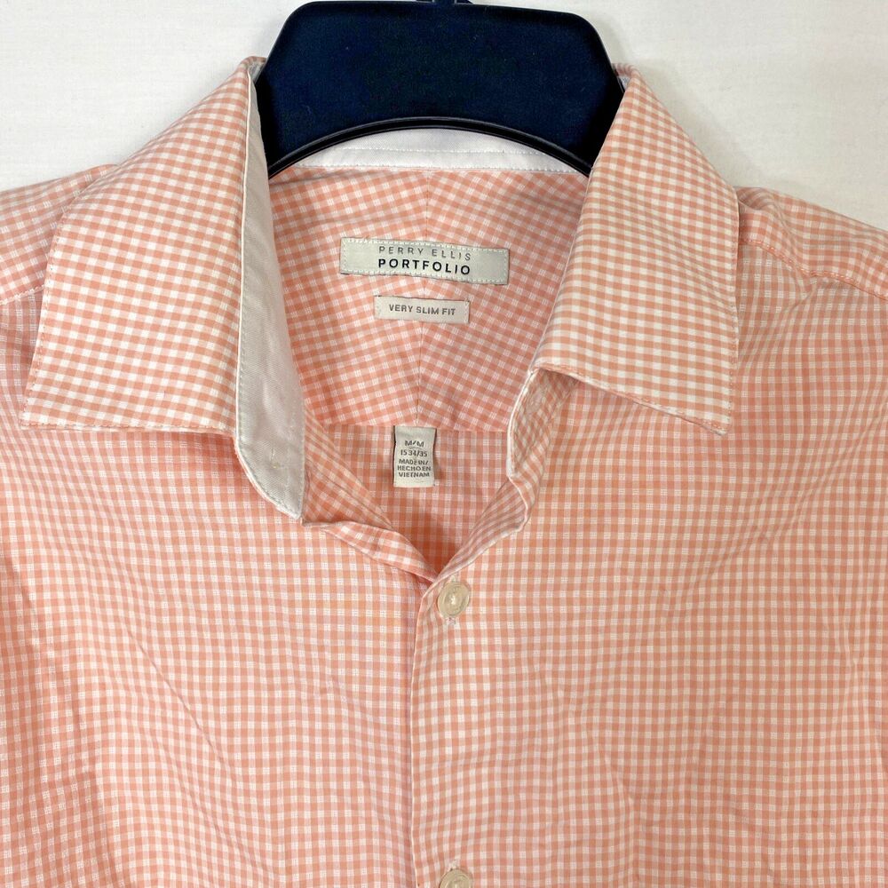 Perry Ellis Men’s Very Slim Fit Shirt Button Down Peach Gingham Size Medium